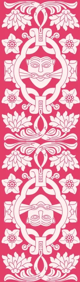 Banda decorativa vertical magenta con motivos florales simétricos y máscaras antropomorfas de estilo prehispánico en blanco, arte tradicional mexicano.