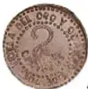 Fotografía del anverso de una moneda de cobre de 2 centavos, Revolución Mexicana Convencionista, 1915, junto a su ficha descriptiva.