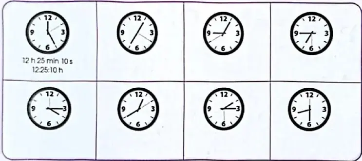 Cuadro de relojes analógicos para leer horas, minutos y segundos; el primer reloj incluye un ejemplo.