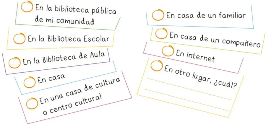 Recuadros tipo nota adhesiva con opciones para marcar, dispuestos en dos columnas, cada uno con un círculo para encerrar o marcar con una palomita.