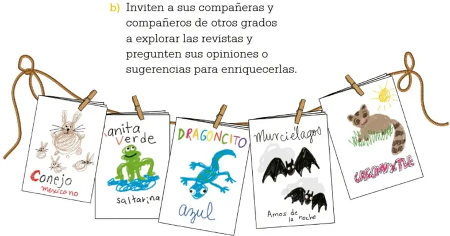 Cinco revistas colgadas con pinzas de madera en un cordel: Conejo mexicano, Ranita verde saltarina, Dragoncito azul, Murciélagos amos de la noche y Cacomixtle.