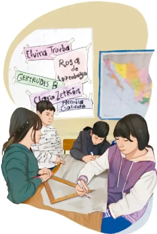 Ilustración de cuatro estudiantes trabajando alrededor de una mesa con un mapa y carteleras que mencionan a Elvira Trueba, Rosa de Luxemburgo, Gertrudis B., Clara Zetkin y Hernández Galindo; crédito a José Alfredo Jiménez Martínez, Michoacán.