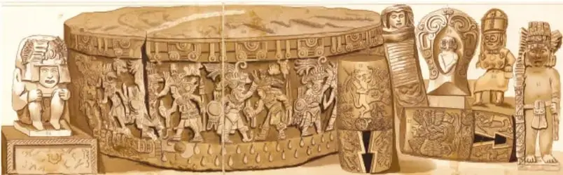 Friso y esculturas prehispánicas talladas en piedra, con figuras humanas, glifos y deidades; probablemente arte maya o mexica.