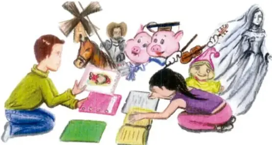 Ilustración de un niño y una niña trabajando con materiales de reúso; alrededor hay personajes de cuentos como un molino, un cerdo, un caballo y una figura femenina.