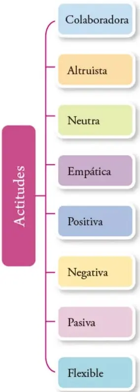 Recuadro vertical rosa con la etiqueta 'Actitudes' y ocho etiquetas de colores conectadas: Colaboradora (azul), Altruista (naranja), Neutra (verde), Empática (morada), Positiva (azul), Negativa (amarillo), Pasiva (rosa) y Flexible (celeste).