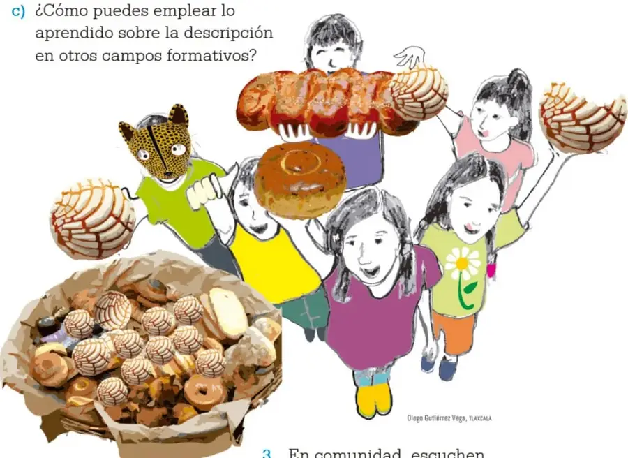Ilustración de niños y niñas sosteniendo panes típicos mexicanos, con una canasta llena de panes. Al fondo se lee 'Diego Gutiérrez Vega, Tlaxcala'.