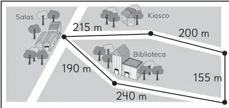 Plano de una zona segura con salas, kiosco y biblioteca; lados 215 m, 200 m, 155 m y 240 m.