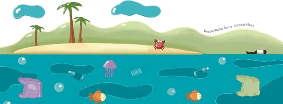Ilustración de una isla tropical con palmeras, playa y mar; en el mar y la arena se ven residuos como botellas plásticas, una mascarilla, bolsas y un cañón de lata, junto con peces, una medusa y un cangrejo, representando la contaminación por basura en ecosistemas marinos. Ilustración de Vanessa Roldán García, Estado de México.
