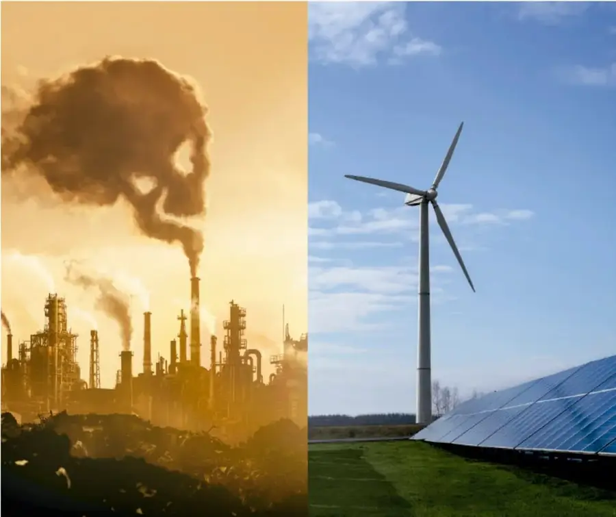 Chimeneas industriales emitiendo grandes nubes de humo, representando contaminación por el uso de energías fósiles.