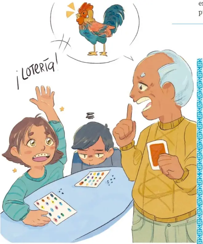Ilustración de un abuelo jugando lotería con dos nietos; uno grita '¡Lotería!' y hay un gallo dibujado al estilo de lámina de lotería mexicana.