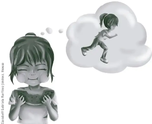 Ilustración de una niña comiendo sandía con los ojos cerrados y una nube de pensamiento donde se ve a otra niña corriendo, representando la actividad física y la imaginación.