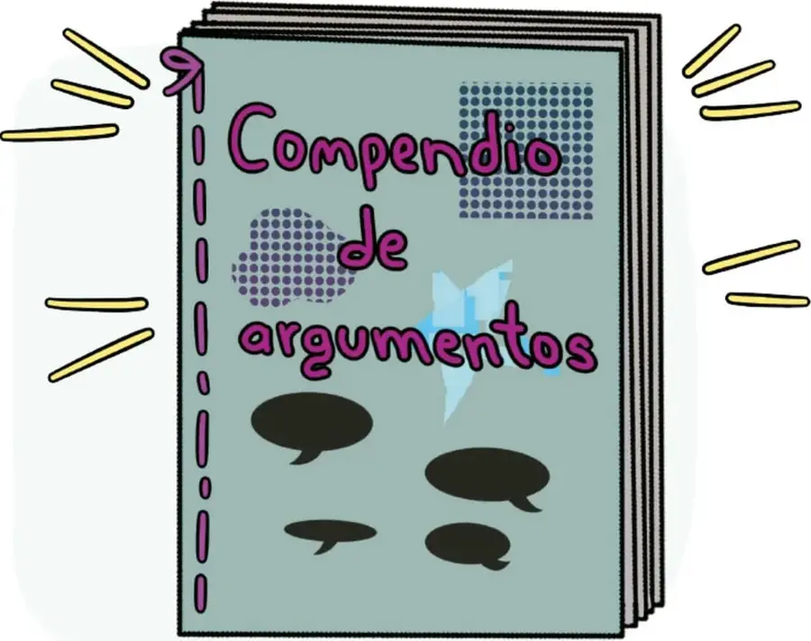 Ilustración de un compendio titulado "Compendio de argumentos" con decoraciones de puntos y bocadillos de diálogo, rodeado de líneas amarillas que simulan brillo.