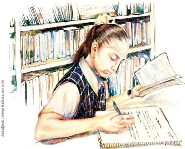 Ilustración de una niña estudiando y escribiendo en un cuaderno frente a un librero lleno de libros.