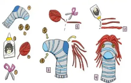 Materiales y pasos ilustrados para fabricar un títere de calcetín con estambre y botones.