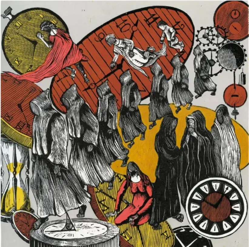 Ilustración de Esperanza de Cervantes (1950): relojes de distintos tipos, figuras encapuchadas en procesión, una figura roja con capa, niños y monos ausentes; colores rojo, amarillo, negro y blanco.