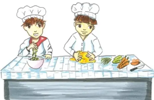 Ilustración de dos niños con gorros y uniformes de chef cocinando en una mesa de fondo azul: uno mueve verduras en un tazón blanco y el otro amasa una masa amarilla; sobre la mesa hay zanahorias, verduras verdes y una cuchara. Crédito: María del Rosario Escobar García, Jalisco.