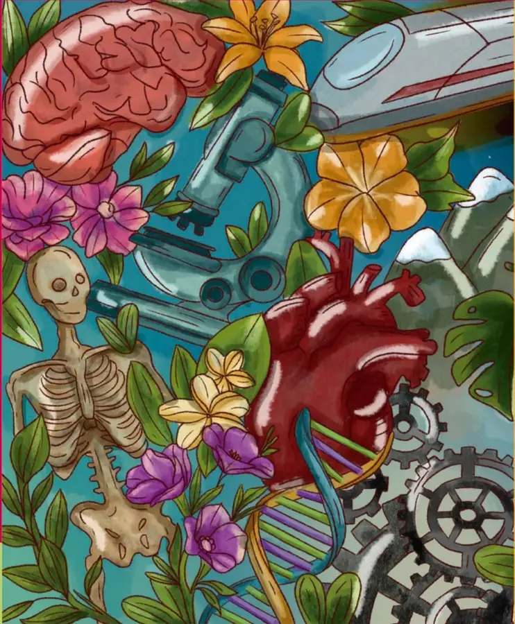 Ilustración estilo acuarela con un cerebro, un esqueleto, un microscopio, un corazón humano, una doble hélice de ADN, engranajes, montañas nevadas, flores y follaje sobre fondo azul; en la parte superior derecha un tren moderno.