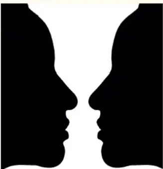 Figura ambigua en blanco y negro: dos perfiles humanos enfrentados que también forman una copa en el espacio blanco central.