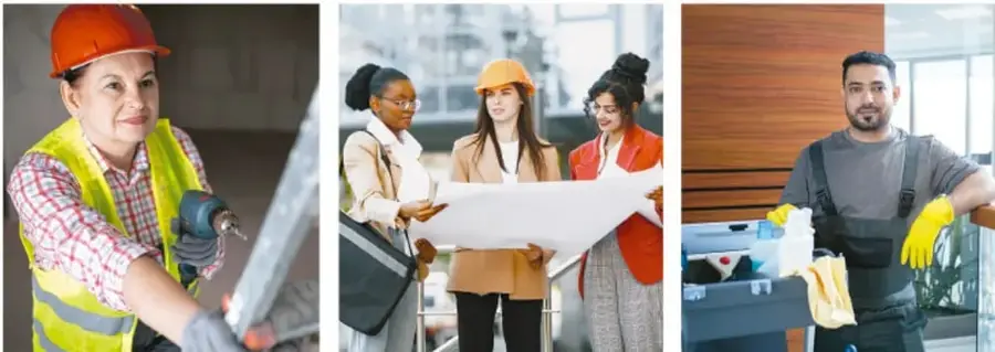 Collage de tres fotografías: una mujer con casco y chaleco usando un taladro, tres mujeres revisando planos de construcción, y un hombre con guantes amarillos y delantal limpiando una superficie.
