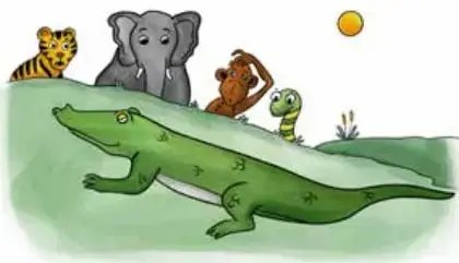 Ilustración de un cocodrilo verde con piel brillante saliendo de una laguna, observado por un tigre, un elefante, un mono y una tortuga bajo el sol.