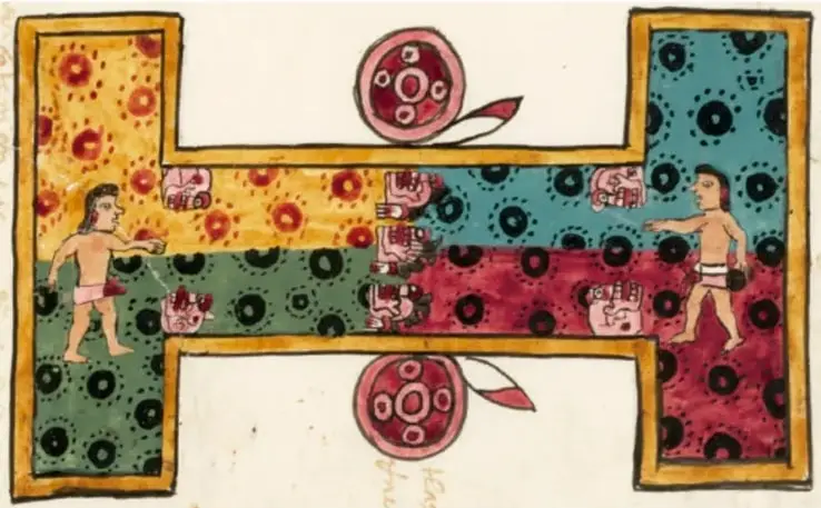 Ilustración de una cancha de juego de pelota en forma de I, con dos jugadores con taparrabos, un anillo circular en el centro y decoraciones con puntos y flores.