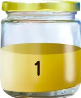 Frasco de vidrio con tapa amarilla y contenido líquido amarillo, etiquetado con el número 1.