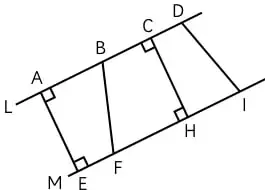 Rectas paralelas L y M con segmentos perpendiculares AB, CD, EF y puntos A, B, C, D, E, F, G, H, I.
