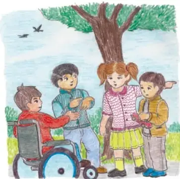 Ilustración de cuatro niños (uno en silla de ruedas) bajo un árbol, conversando; crédito Gabriel Ramón García, Veracruz.