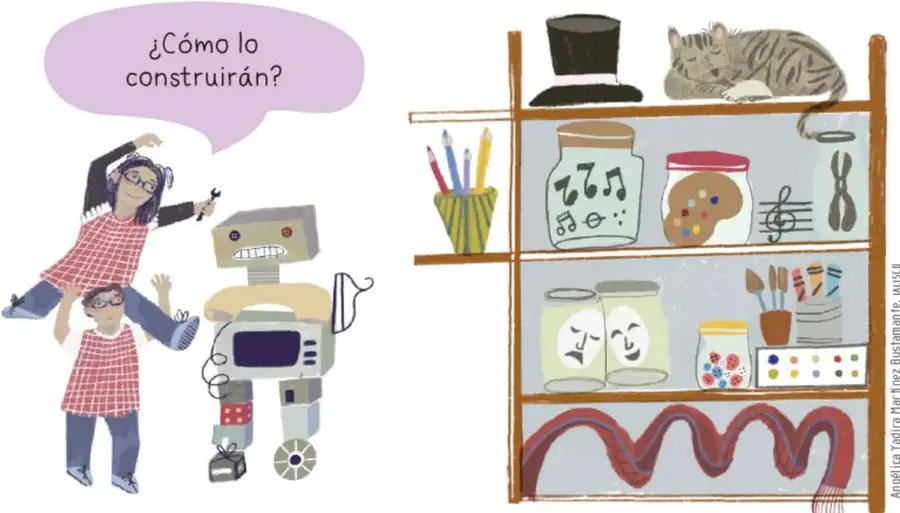 Dos niños con el cabello alborotado juegan saltando junto a un robot de juguete gris con carita sonriente; globo de diálogo: «¿Cómo lo construirán?».