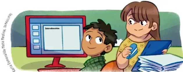 Ilustración de dos niños frente a una computadora que muestra un documento con el título 'Introducción', preparando la presentación de su revista científica.