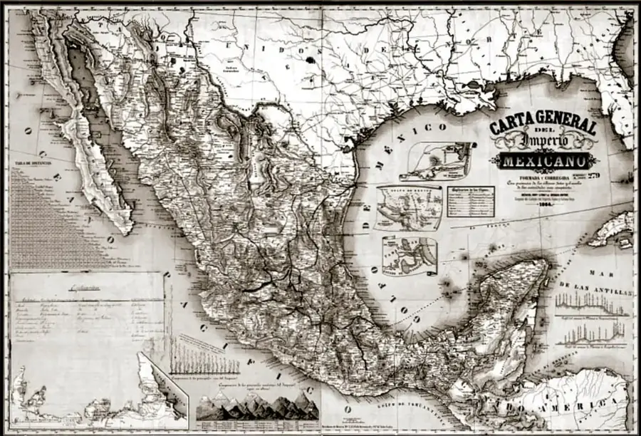 Mapa litográfico 'Carta general del Imperio Mexicano' (1864) que muestra el territorio mexicano con relieve montañoso, ríos, costas, cartuchos con leyendas y escalas, publicado por la Imprenta Litográfica de Decaen.
