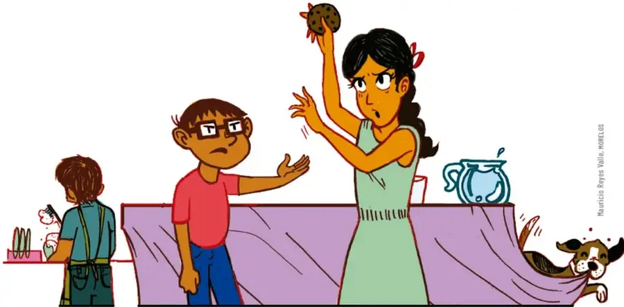 Ilustración de una escena familiar: una niña levanta un pan fuera del alcance de un niño que extiende la mano molesto; al fondo, otro niño observa; una mascota (perro) se asusta y una jarra azul está sobre una mesa morada.