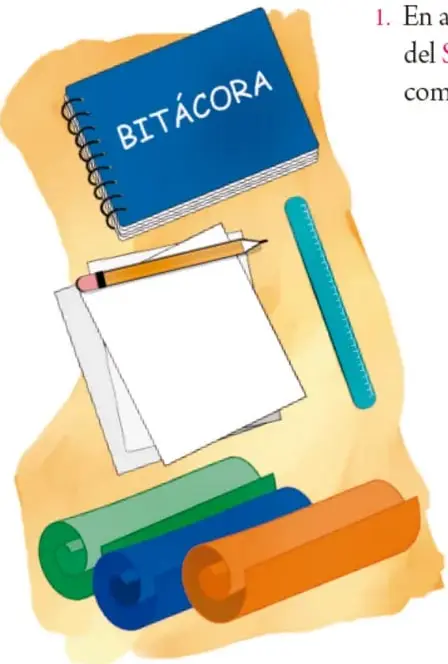 Ilustración de una bitácora, lápiz, regla y rollos de papel sobre una hoja.