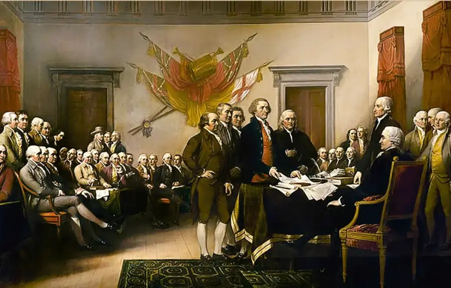 Pintura de John Trumbull, Declaración de Independencia: Comité de los Cinco entregando el borrador al Congreso el 28 de junio de 1776, óleo sobre tela, 1819, Rotonda del Capitolio de EE. UU.
