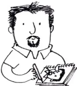 Retrato ilustrado de David Lara, dibujo a tinta de un hombre con barba escribiendo en un cuaderno.