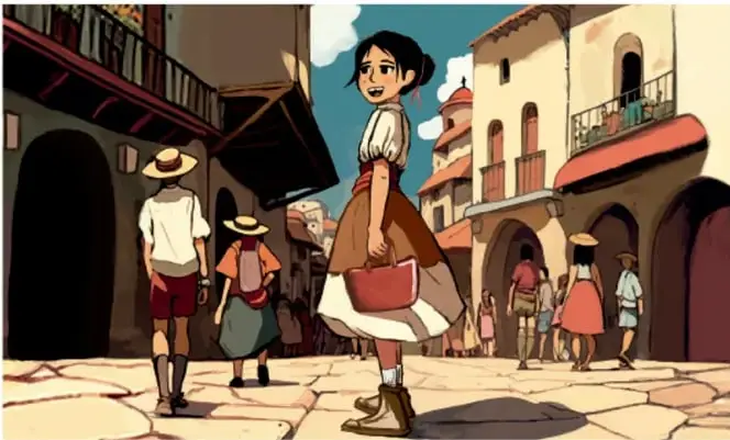 Ilustración de una calle empedrada de un pueblo: una niña con vestido y bolso rojo camina al frente; detrás hay personas con sombrero, casas con balcones, arcos y macetas. Escena cotidiana de la comunidad.