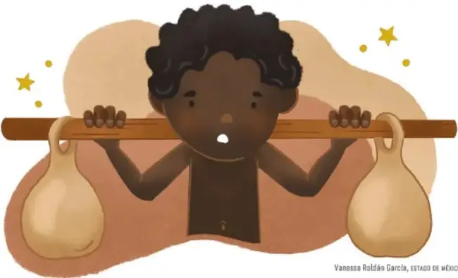 Ilustración de un niño afrodescendiente cargando un palo con dos bultos, símbolo del trabajo forzado en la época colonial.