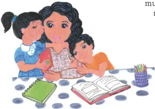 Ilustración de una joven abrazando a una abuela, junto a los globos del esquema 'Beneficios', 'Cuidados afectivos' y 'Ejemplos'.