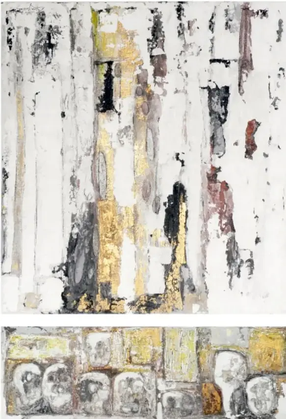 Obra 'Frontera Tzompantli' (2011): composición vertical de texturas rugosas en blanco, negro, ocre y dorado, con formas verticales como figuras o cráneos.