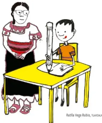 Ilustración de una mujer y un niño trabajando en una mesa con papel y tijeras, en un entorno comunitario.