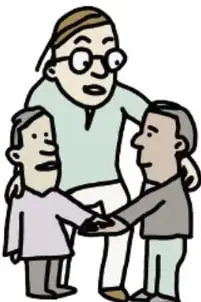 Dibujo de personas sentadas en sillas conversando entre varias parejas.