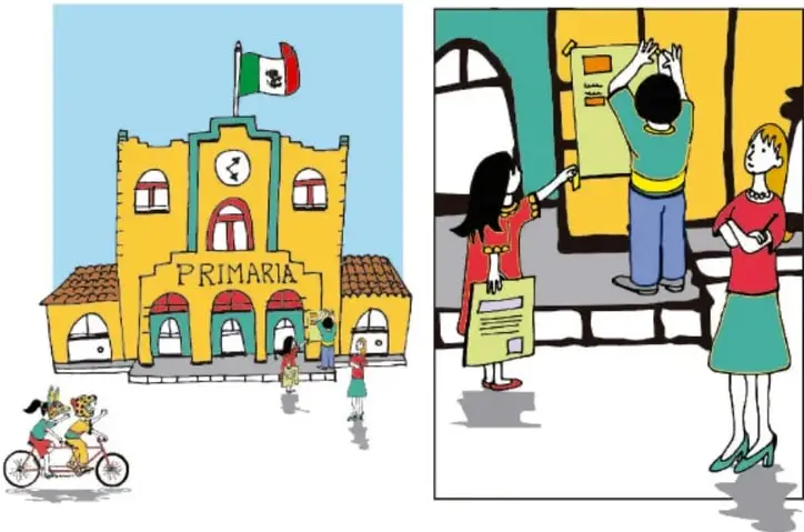 Escuela primaria amarilla con reloj y bandera de México, niños jugando al frente y dos niñas llegando en bicicleta.
