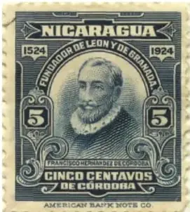 Sello postal de Nicaragua (1524-1924) con el retrato de Francisco Hernández de Córdoba, fundador de León y de Granada, valor de cinco centavos.