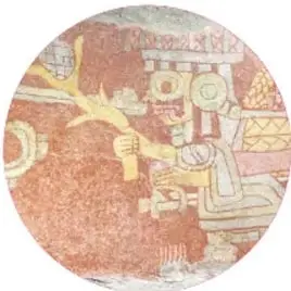 Círculo con reproducción de un códice antiguo: figura con tocado que lleva mazorcas, en tonos rojizos y ocre.