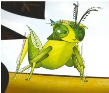 Ilustración del chapulín verde con ojos grandes y antenas, al que se le ven hojas adosadas al cuerpo y patas con forma de serrucho, sentado sobre una superficie amarilla.