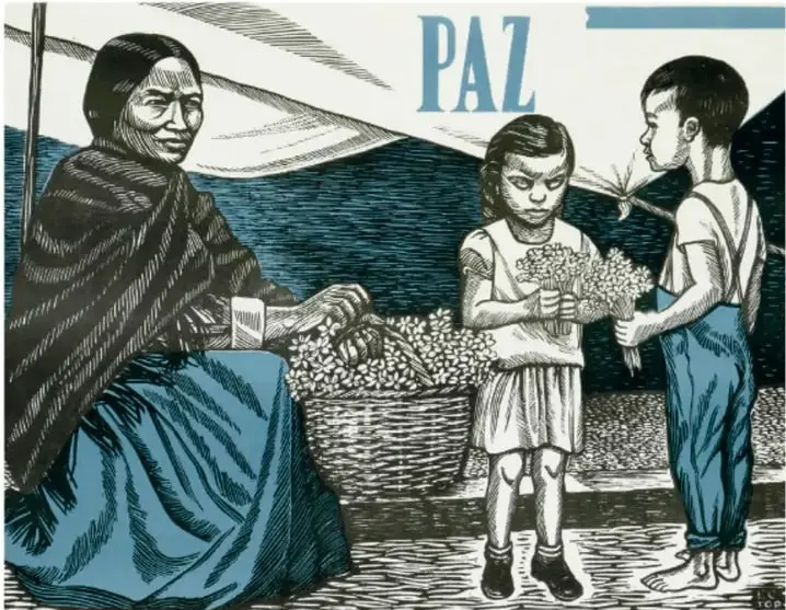Grabado titulado Vendedora de flores (s/f): una mujer sentada con un canasto de flores, una niña y un niño con ramos; al fondo se lee la palabra PAZ en letras grandes.