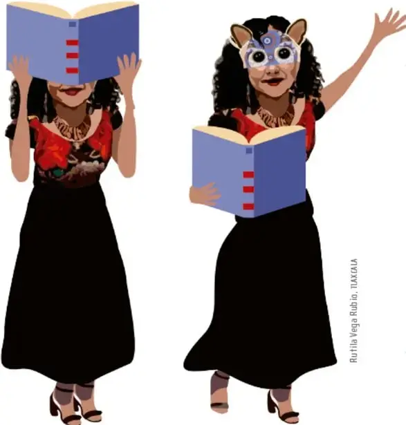 Ilustración de Rutha Negra Ríos de Nacajuca: mujer con blusa roja bordada, falda negra, joyería y tacones; sostiene un libro abierto frente al rostro en una figura y una máscara con el libro en la otra, brazo extendido, en actitud de representación escénica.