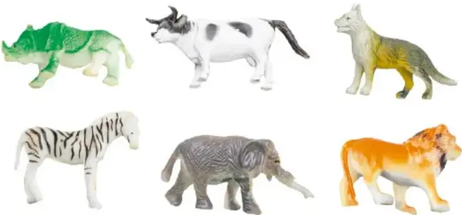 Seis figuras de animales: triceratops verde, vaca blanca con manchas negras, lobo gris, cebra, elefante y león.