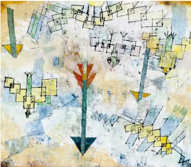 Pájaros cayendo en picada y flechas (1919): fondo claro con manchas azules; flechas grandes de punta triangular hacia abajo (azul, amarillas, verdes) y aves construidas con cuadritos amarillos y verdes que caen en diagonal.