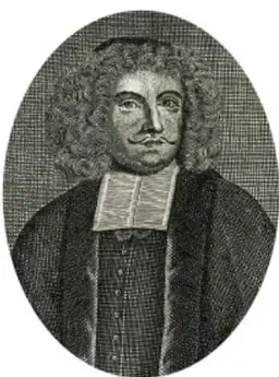 Retrato de Johann Joachim Becher con peluca y cuello blanco.